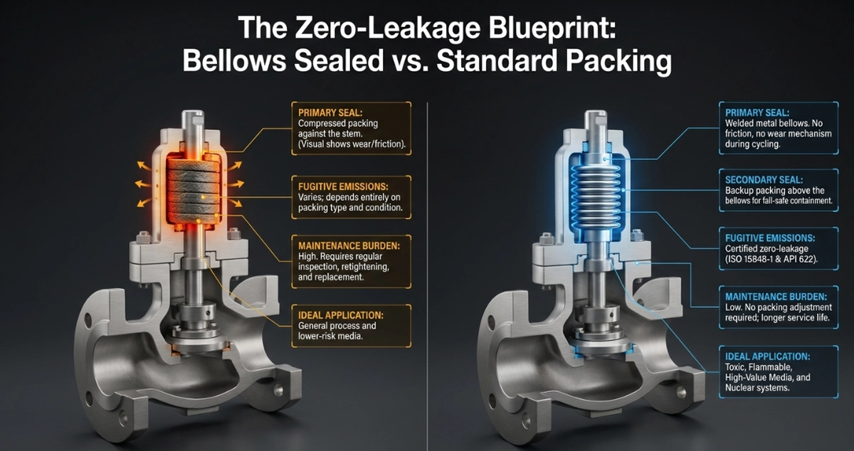 What is the main difference between a bellows sealed globe valve and a standard packed globe valve?